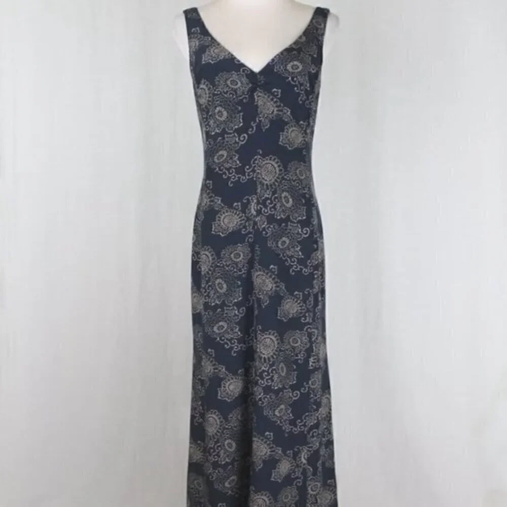 Vintage J Crew Blue Paisley Silk Midi Womens Sleeveless Dress Size petite 8